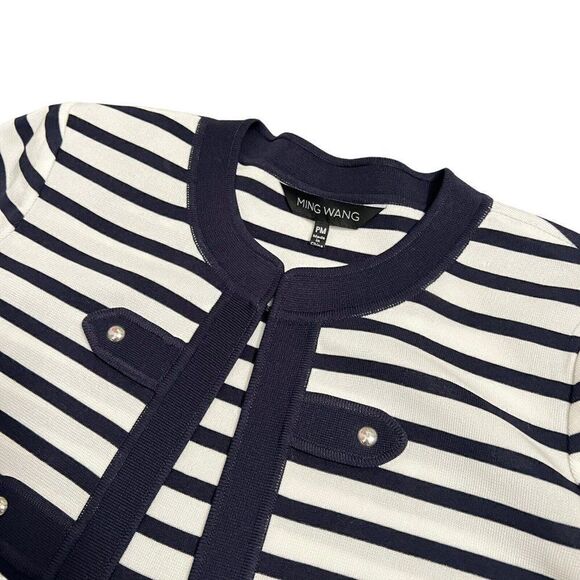 Ming Wang Women's PM Navy Blue White Striped Knit Cardigan Petite Nautical Sail - Picture 6 of 13